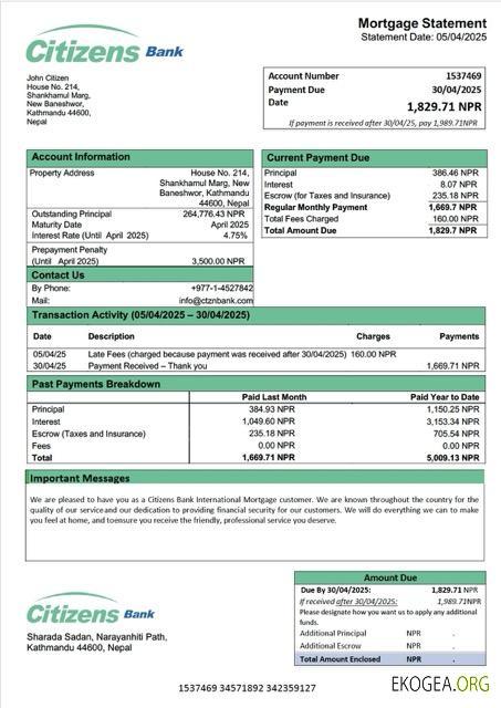 Modèle Word et PDF de relevé d'hypothèque international de la Nepal Citizens Bank